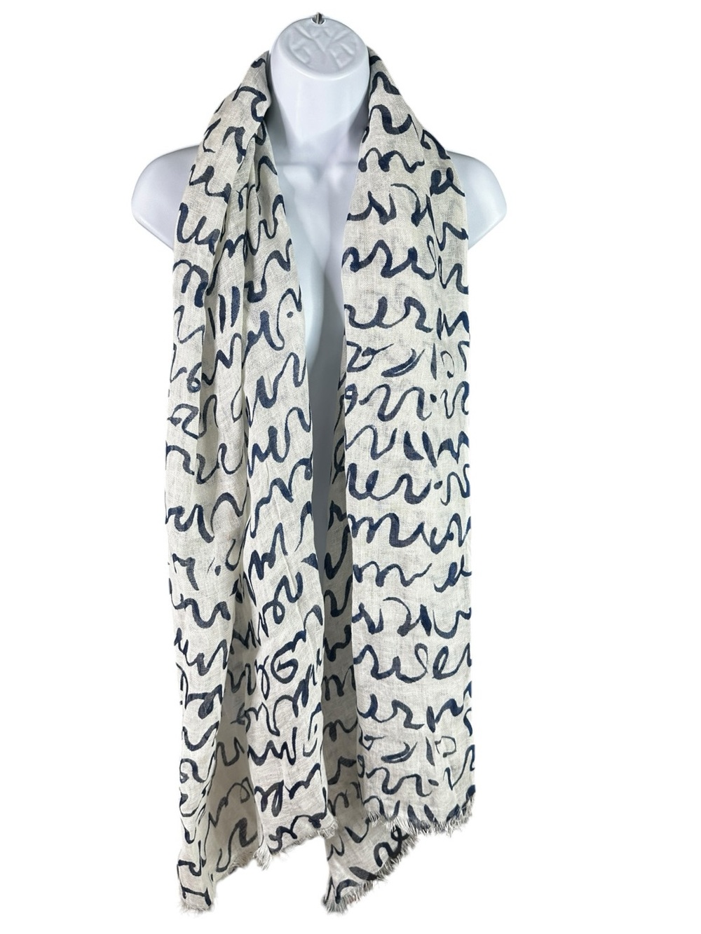 See Design 100% “Linen Story” Cream Scarf with Navy Script Pattern